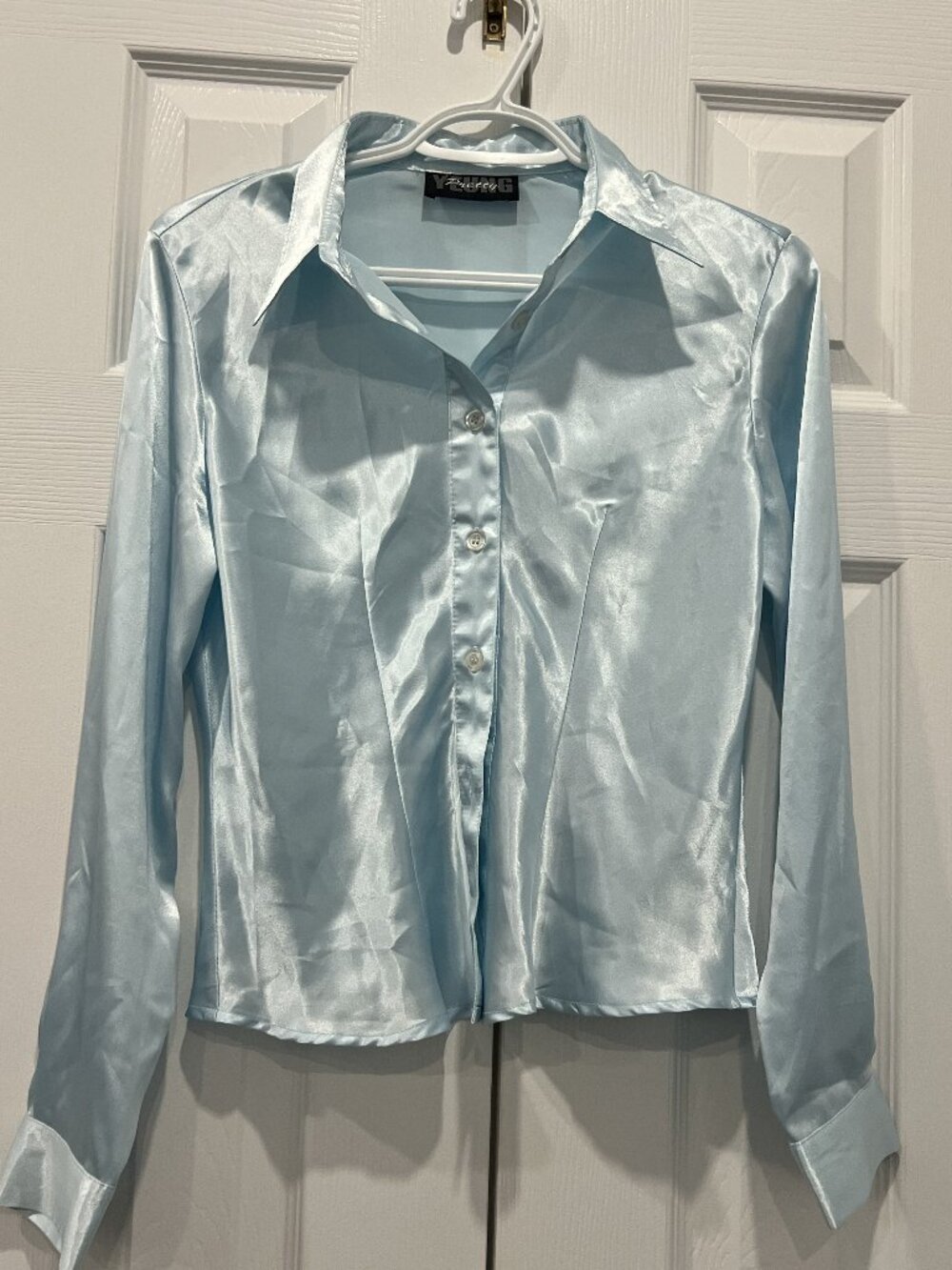 Light Blue Satin Button-Down Blouse
